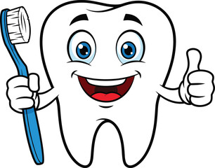 Happy cartoon tooth with toothbrush, dental hygiene mascot, kids oral care illustration, smiling tooth character, healthy teeth promotion image.