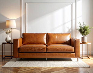 Fototapeta premium A modern living room showcasing a brown leather sofa centered on a rug, flanked by side tables with lamps and plants against a white wall.