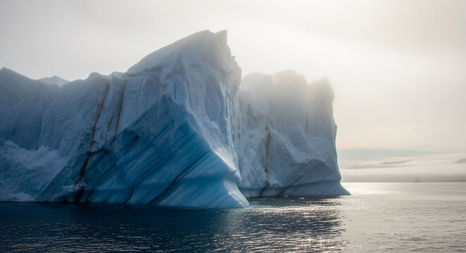 Dramatic iceberg floats serenely in arctic waters under a soft, hazy sky creating a sense of wonder