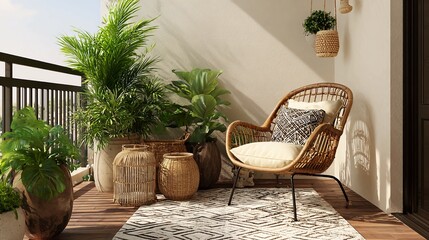 Relaxing bohemian balcony with wicker chair, plants, and rug.
