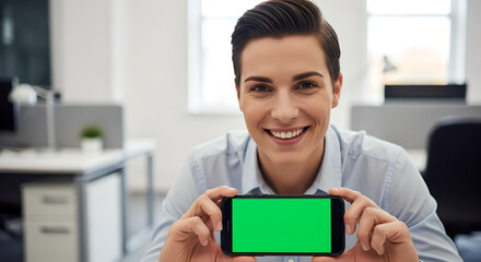 Cheerful Businesswoman Holding a Smartphone with a Green Screen in an Office