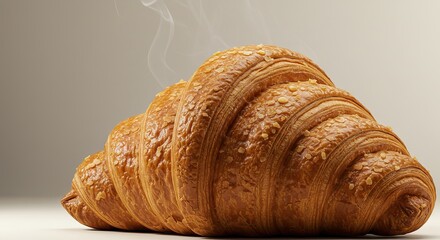 Closeup of a golden brown flaky croissant topped with slivered almonds with light wisps of smoke emanating from it