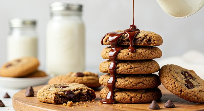 Stack of cookies drizzled with chocolate syrup on a wooden board Milk jars in the background - Powered by Adobe