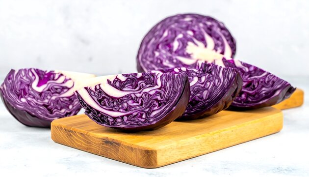 Vibrant red cabbage slices arranged on a wooden board, close-up studio shot - Powered by Adobe