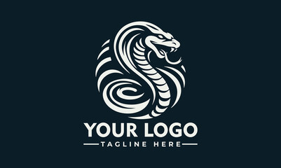 A stylized white cobra snake logo design, coiled within a circular frame, with text.