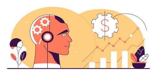 Fototapeta premium Pixel art illustration of a man's profile with gears in his head, next to financial growth charts and a dollar sign, set against a pale orange background.