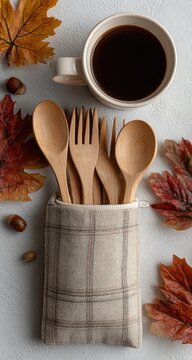 Wooden cutlery set in a pouch, autumnal decor