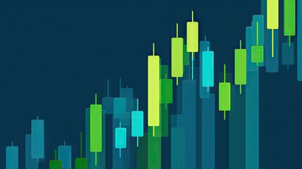 Abstract financial chart, showing rising candlestick patterns in shades of teal, lime green, and turquoise on a dark background