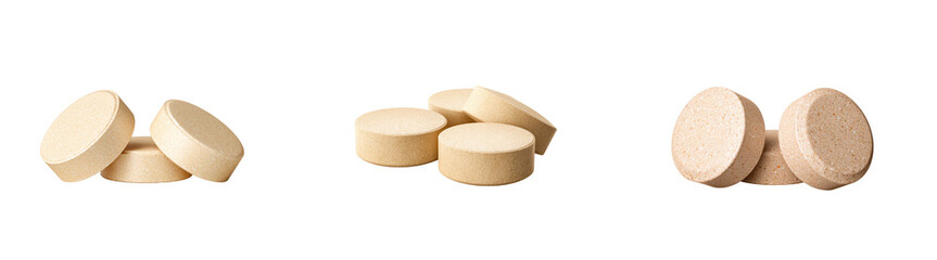 Group of three beige oval tablets arranged in a row on a transparent background, cut out