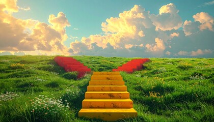 A surreal landscape with a yellow staircase leading to a crossroads marked by red arrows, symbolizing the journey of life and making crucial decisions