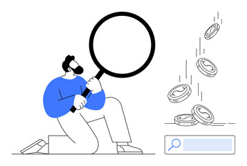 Person kneeling with magnifying glass, observing coins falling beside a search bar. Ideal for finance, analytics, research, business growth, investment, discovery technology. Simple landing page