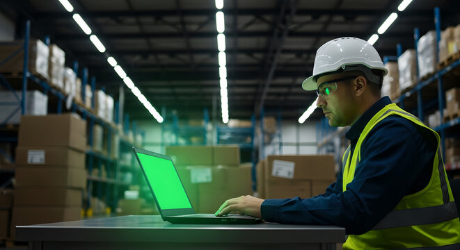 Warehouse Worker Using a Laptop with a Green Screen in a Logistics Center