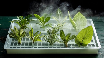 Assortment of fresh green leaves and herbs on a white drying rack with mist rising, against a dark background.