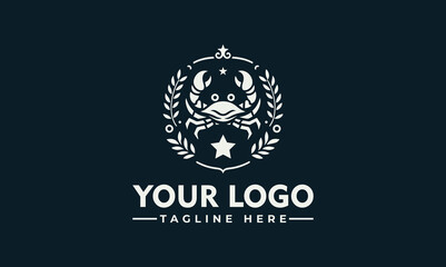 Fototapeta premium Elegant logo design featuring a crab inside a laurel wreath, topped with a decorative element and a star below.