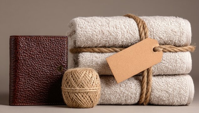 Beige towels, brown wallet, and twine