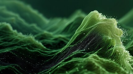 Abstract Digital Green Landscape with Sparkling Particles, Representing Topography and Data Visualization Elegantly
