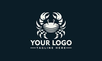 A stylized white crab illustration with claws raised, centered above placeholder text for a logo and tagline.