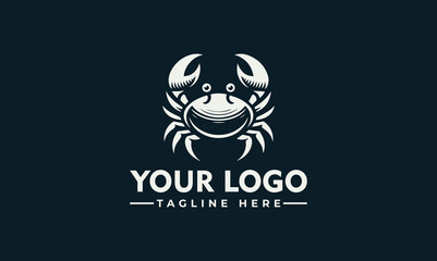 A stylized white crab illustration with claws raised, centered above placeholder text for a logo and tagline.