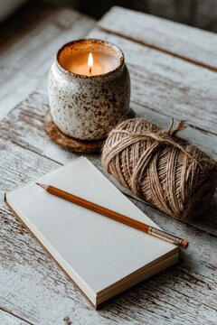Warm candle, yarn, notepad, pencil on wood