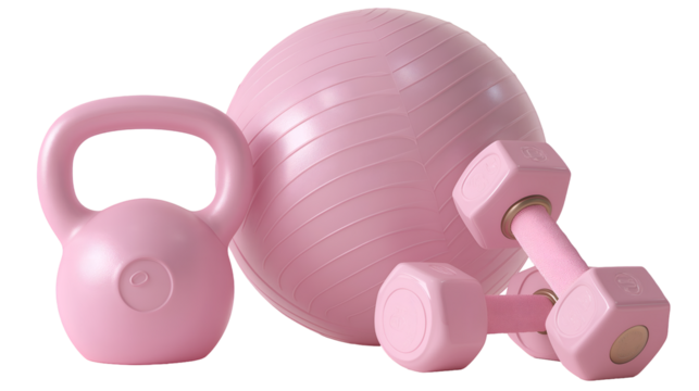 Pink kettlebell, exercise ball, and dumbbells on transparent background