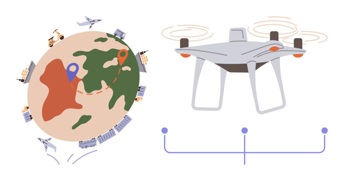 Globe with transport icons representing worldwide logistics and routes. Quadcopter with highlighted connectivity. Ideal for delivery, digital transformation, supply chain, technology, global reach