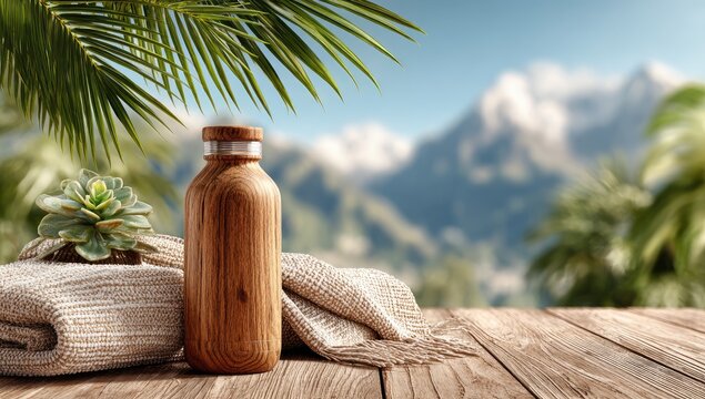 Wooden bottle, blanket, succulent on a rustic wooden table with mountain and palm views