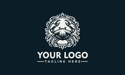 A stylized white crab illustration with claws raised, centered above placeholder text for a logo and tagline.