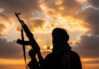 Silhouette of a masked militant holding an ak47 rifle against a dramatic sunset sky, symbolizing conflict, terrorism, and extremism, with a sense of danger and tension