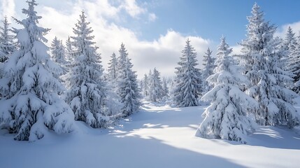 Naklejka premium Snow-Covered Pines: A Serene Winter Landscape