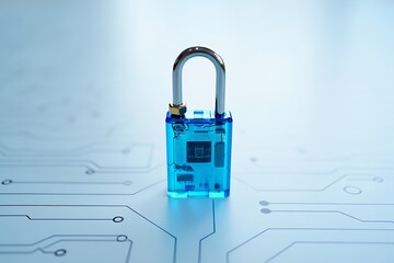Futuristic padlock with circuit board background symbolizing generative AI security. Concept of digital privacy, encryption, data protection, firewall, and cybersecurity defense. Perfect for modern.