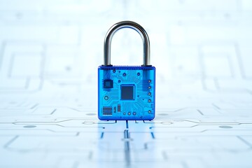 Futuristic padlock with circuit board background symbolizing generative AI security. Concept of digital privacy, encryption, data protection, firewall, and cybersecurity defense. Perfect for modern.