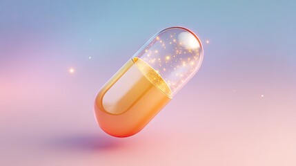 A  golden,  translucent  capsule,  floating  in  a  pastel  background