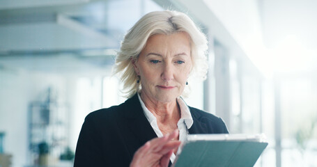 Browsing, online and woman with tablet in office, realtor or plan for listing on web or real...