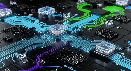 Modern circuit board design with glowing pathways for technology and innovation concepts, vibrant and futuristic