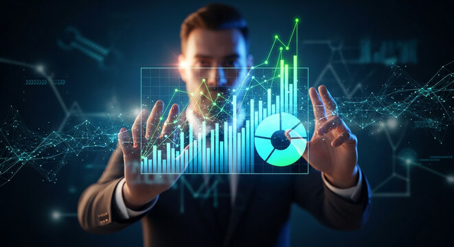 Dynamic financial analyst showcasing business growth with cutting edge technology and data visualization tools
