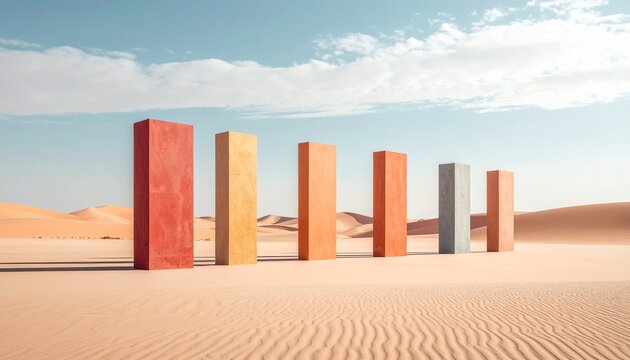 Abstract colorful blocks arranged like a bar chart in a serene desert landscape, symbolizing sequence, statistics, and business growth