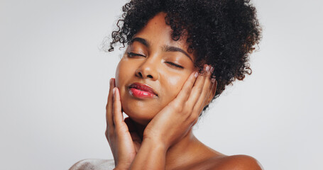 Beauty, calm and woman with lipstick, studio or color for self expression, moisturizer or...