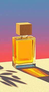 Golden perfume bottle on sand, vibrant colors
