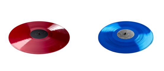 Red and blue vinyl records arranged side by side, cut out