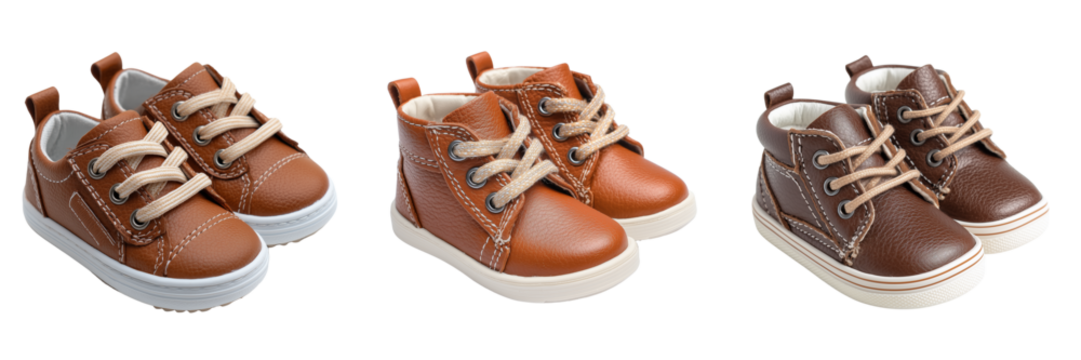 Set of Bright orange kids’ high-top sneakers with a cheerful smile pattern on transparent png background. Ai generated