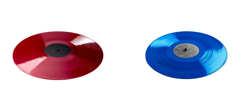 Red and blue vinyl records arranged side by side, cut out
