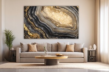 Elegant Living Room Interior Showcasing Abstract Agate Art, Neutral Tones, and Luxurious Comfort