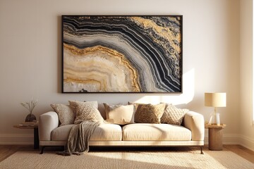 Elegant Living Room Featuring Modern Art, Comfortable Sofa, and Warm Lighting for Relaxation
