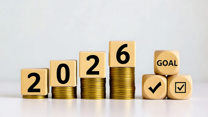 Wooden Blocks 2026 on Golden Coins with Goal, Plan, and Action Pyramid, Ideal for financial planning, New Year’s resolutions, or business development visuals.