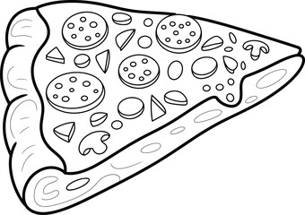 Delicious pizza slice illustration, black and white line art, cartoon food drawing, cheese and toppings, coloring page, snack clipart