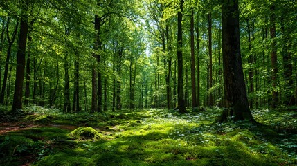 Sunlight streams through the lush green canopy of a dense forest, illuminating moss-covered ground and ancient trees.