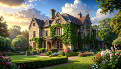 Fototapeta premium A large, stone manor house with a lush, colorful garden under a beautiful, sunny sky.