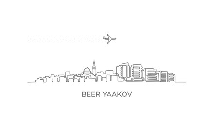 Obraz premium Beer Yaakov Cityscape with Minimal Line Art, and Airplane.