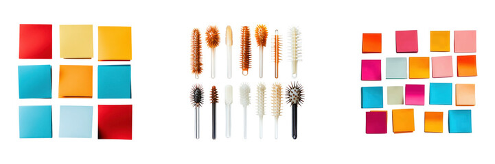 Fototapeta premium Colorful sticky notes and mascara brushes on a black background on transparent background