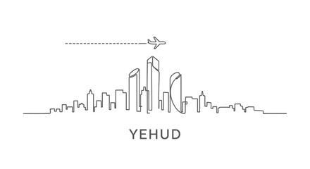 Yehud skyline with plane, cityscape, and travel concept.
